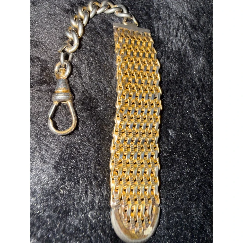 Vintage Two Tone Mesh Pocket Watch Fob Chain Mixed Metal Swivel Dog Clip